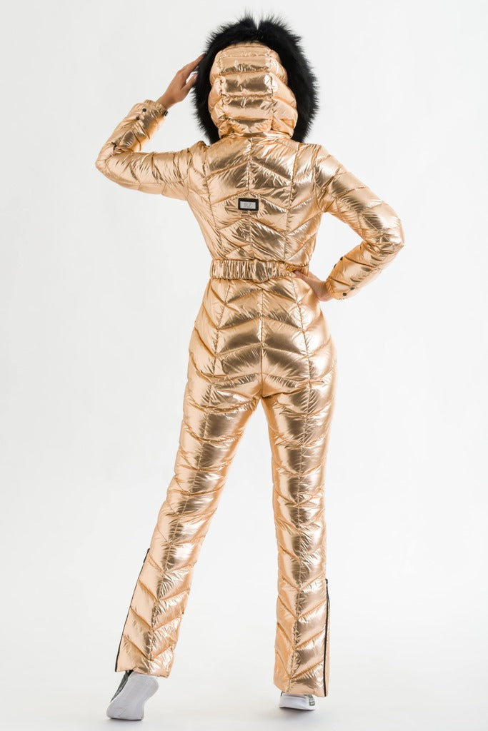 Belted Hooded Ski Suit in Gold
