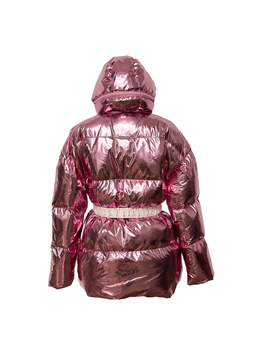 Metallic pink puffer jacket on sale