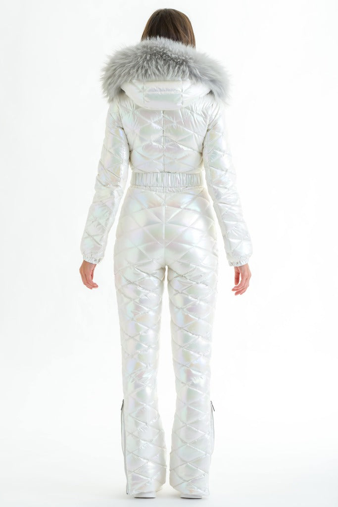 Belted Hooded Ski Suit in Pearly White