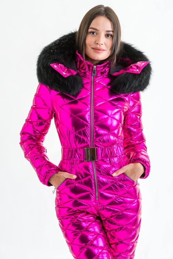 Belted Hooded Ski Suit in Pink