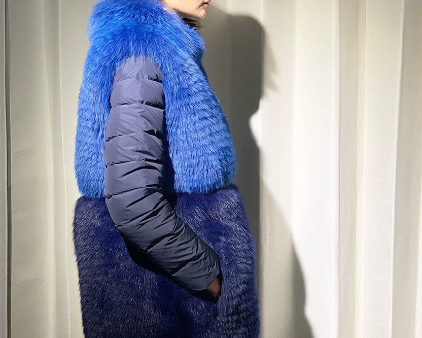 Reversible Fox Coat with Goose in Blue